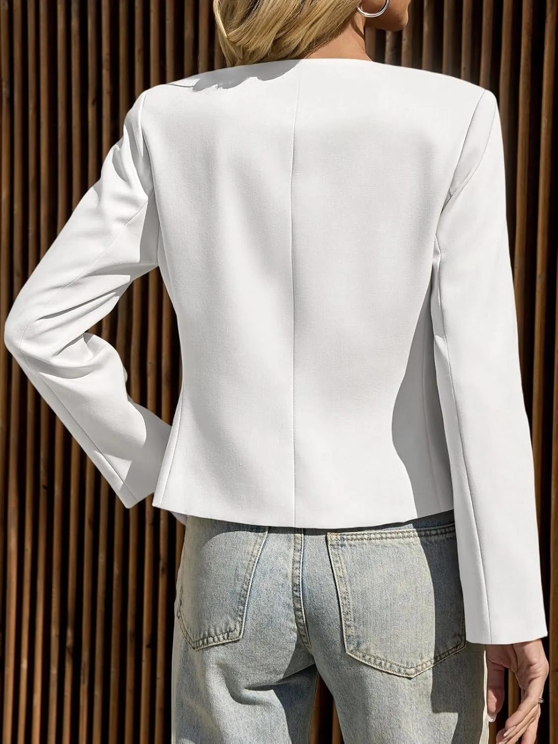 Cicy Bell Womens Cropped Blazer Jacket Long Sleeve Work Trendy Casual Tops Double Buckle Collarless Jackets