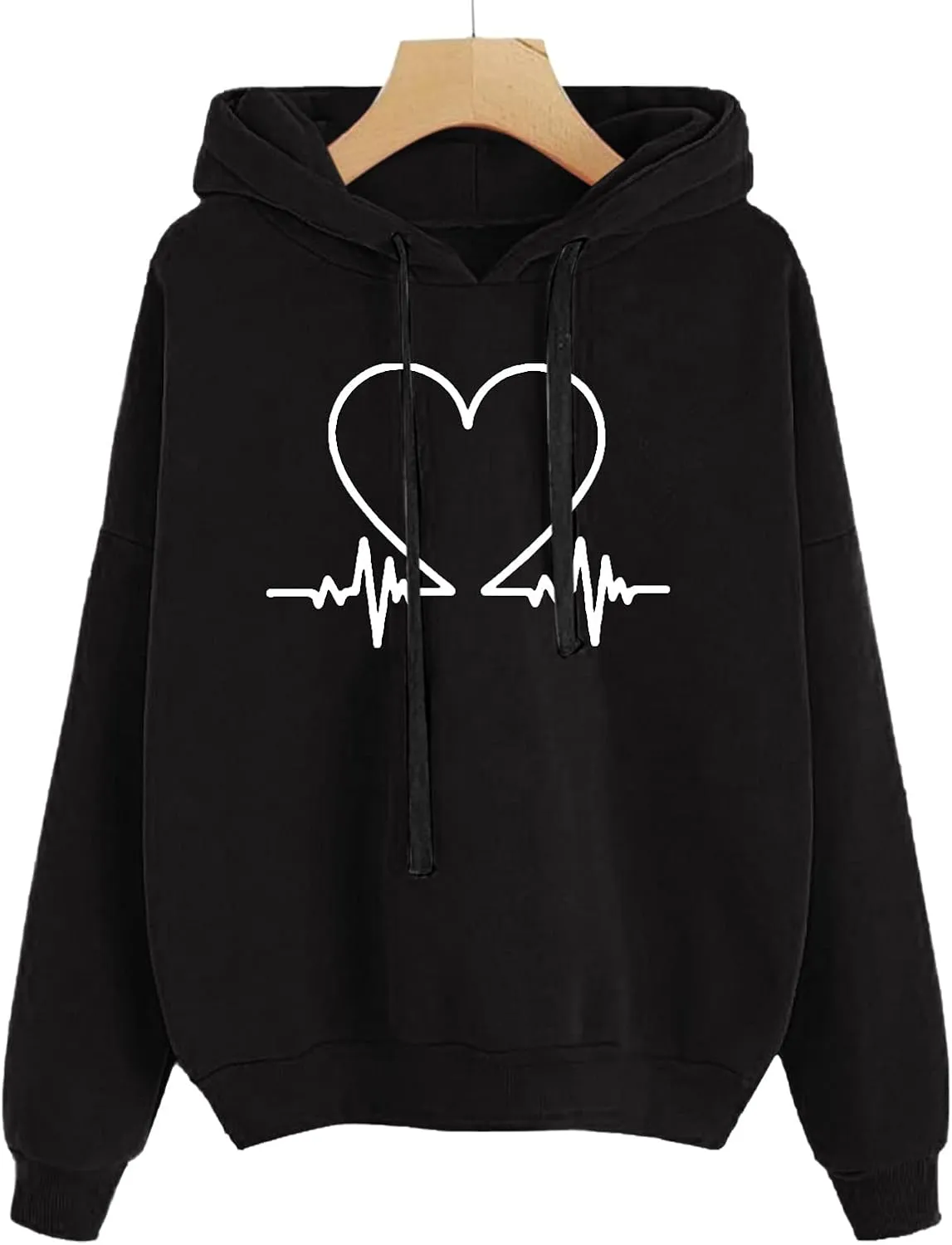 Cute Heart Print Hoodies Women Long Sleeve Comfy Sweatshirt Drawstring Oversized Pullover Tops with Pocket Fall Outfit