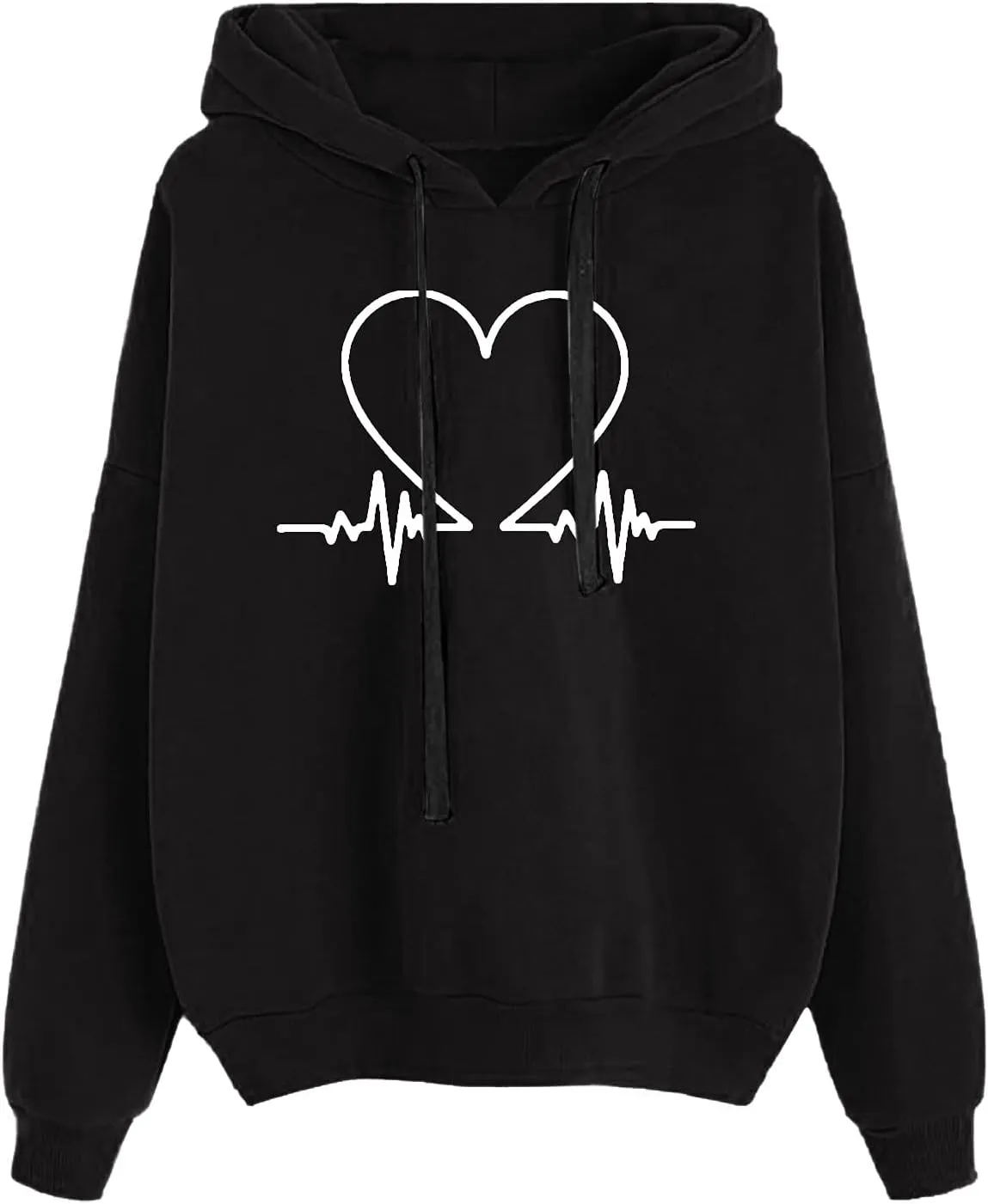 Cute Heart Print Hoodies Women Long Sleeve Comfy Sweatshirt Drawstring Oversized Pullover Tops with Pocket Fall Outfit
