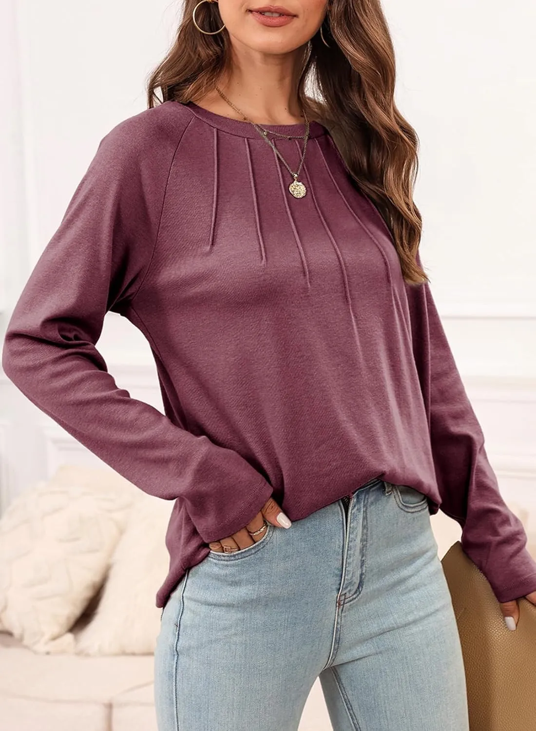EVALESS Womens Casual Spring Summer Tops 2025 Trendy Crewneck Long Sleeve Shirts Basic T Shirts Loose Fit Pleated Tee Blouses