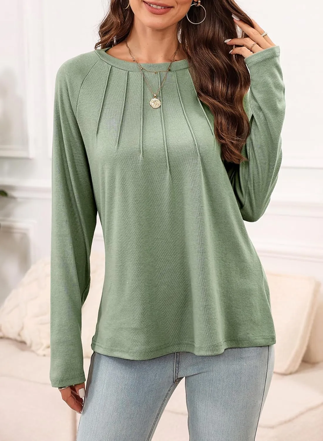 EVALESS Womens Casual Spring Summer Tops 2025 Trendy Crewneck Long Sleeve Shirts Basic T Shirts Loose Fit Pleated Tee Blouses