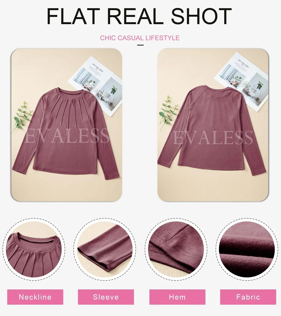 EVALESS Womens Casual Spring Summer Tops 2025 Trendy Crewneck Long Sleeve Shirts Basic T Shirts Loose Fit Pleated Tee Blouses