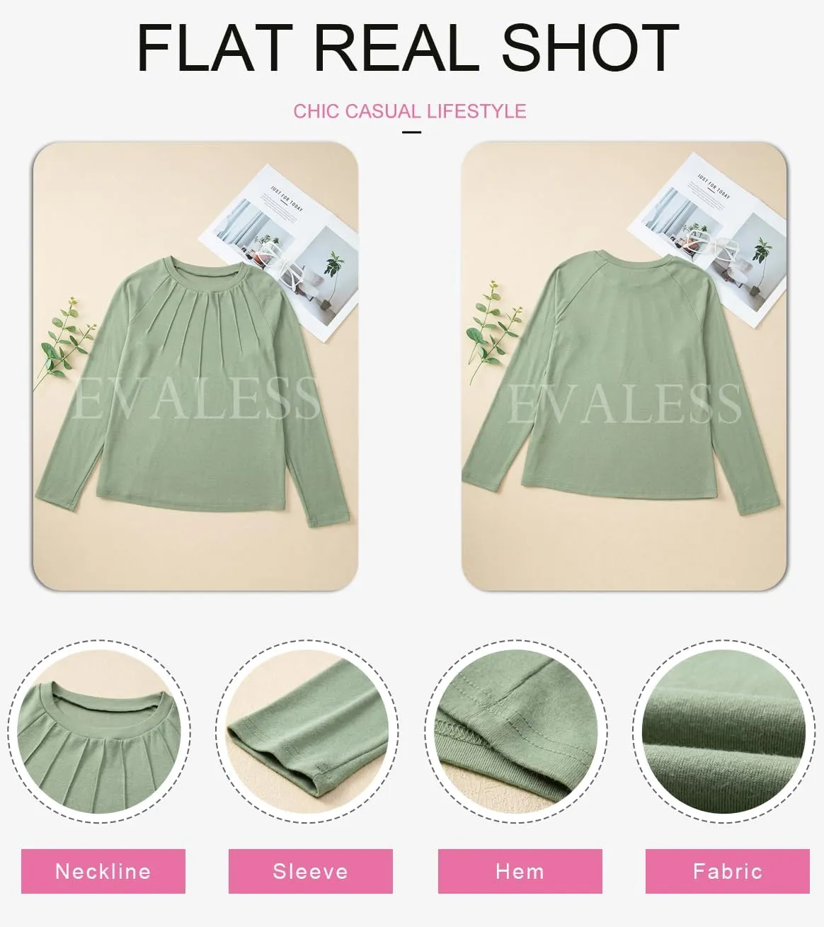 EVALESS Womens Casual Spring Summer Tops 2025 Trendy Crewneck Long Sleeve Shirts Basic T Shirts Loose Fit Pleated Tee Blouses