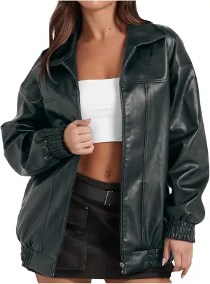 Faux Leather Jacket for Women Lapel Oversized Motorcycle Jacket Zip Up Bomber Coats Winter Fashion 2024 Fall Outfits