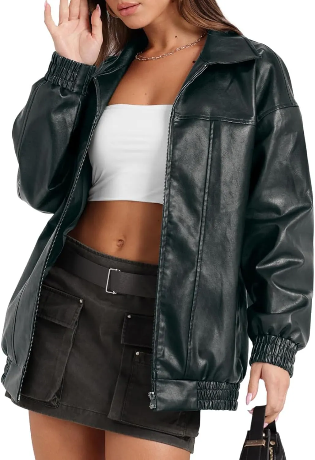 Faux Leather Jacket for Women Lapel Oversized Motorcycle Jacket Zip Up Bomber Coats Winter Fashion 2024 Fall Outfits