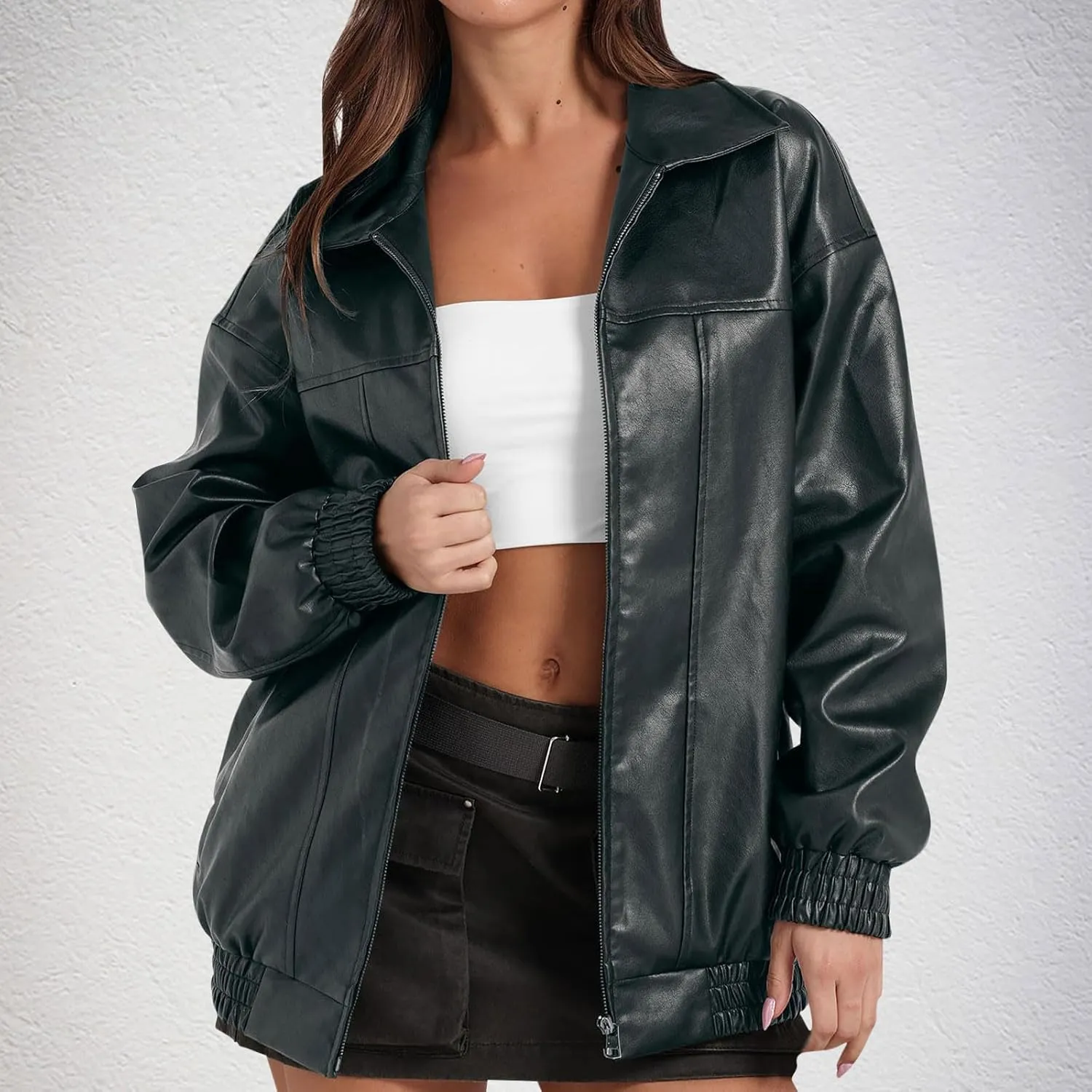Faux Leather Jacket for Women Lapel Oversized Motorcycle Jacket Zip Up Bomber Coats Winter Fashion 2024 Fall Outfits