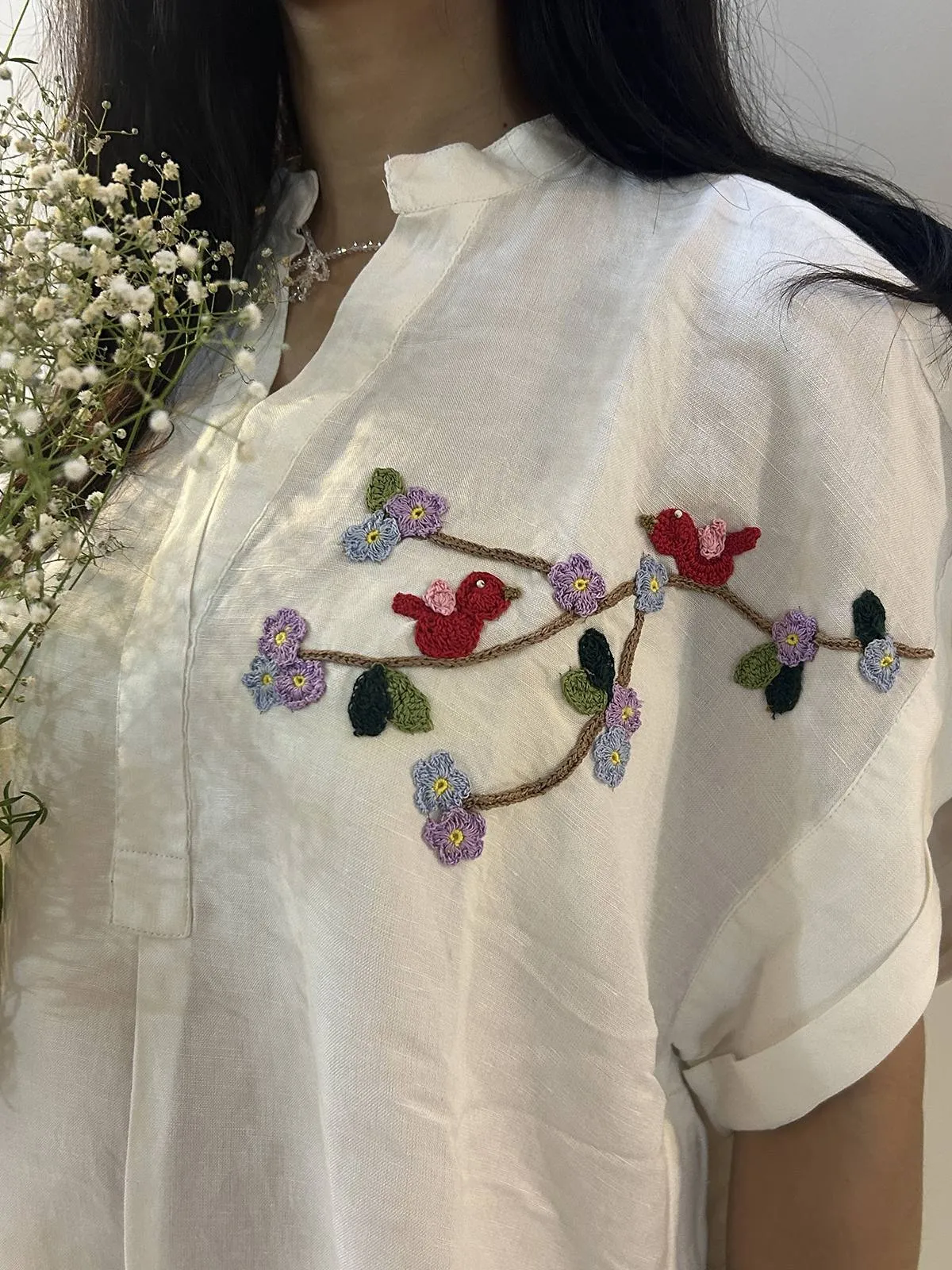 Freesize White Serene Stich Linen Shirt
