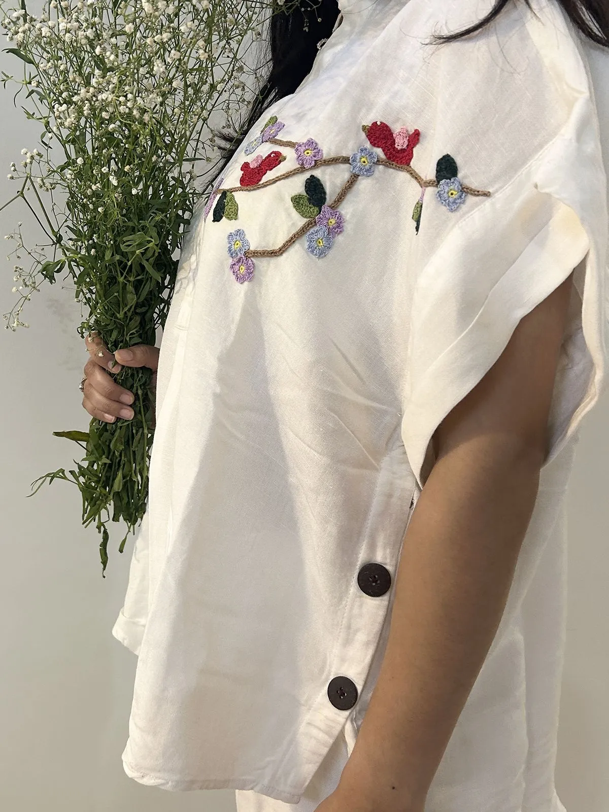 Freesize White Serene Stich Linen Shirt