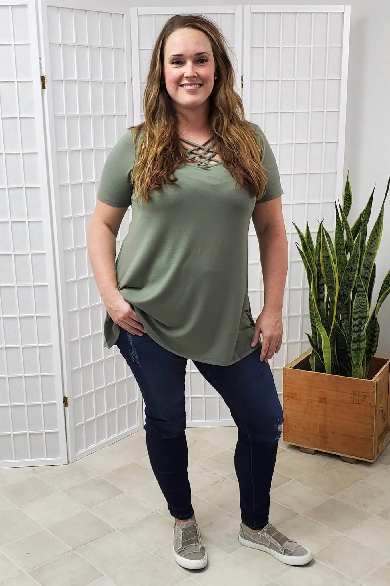 Genevieve Criss-Cross Light Olive Top