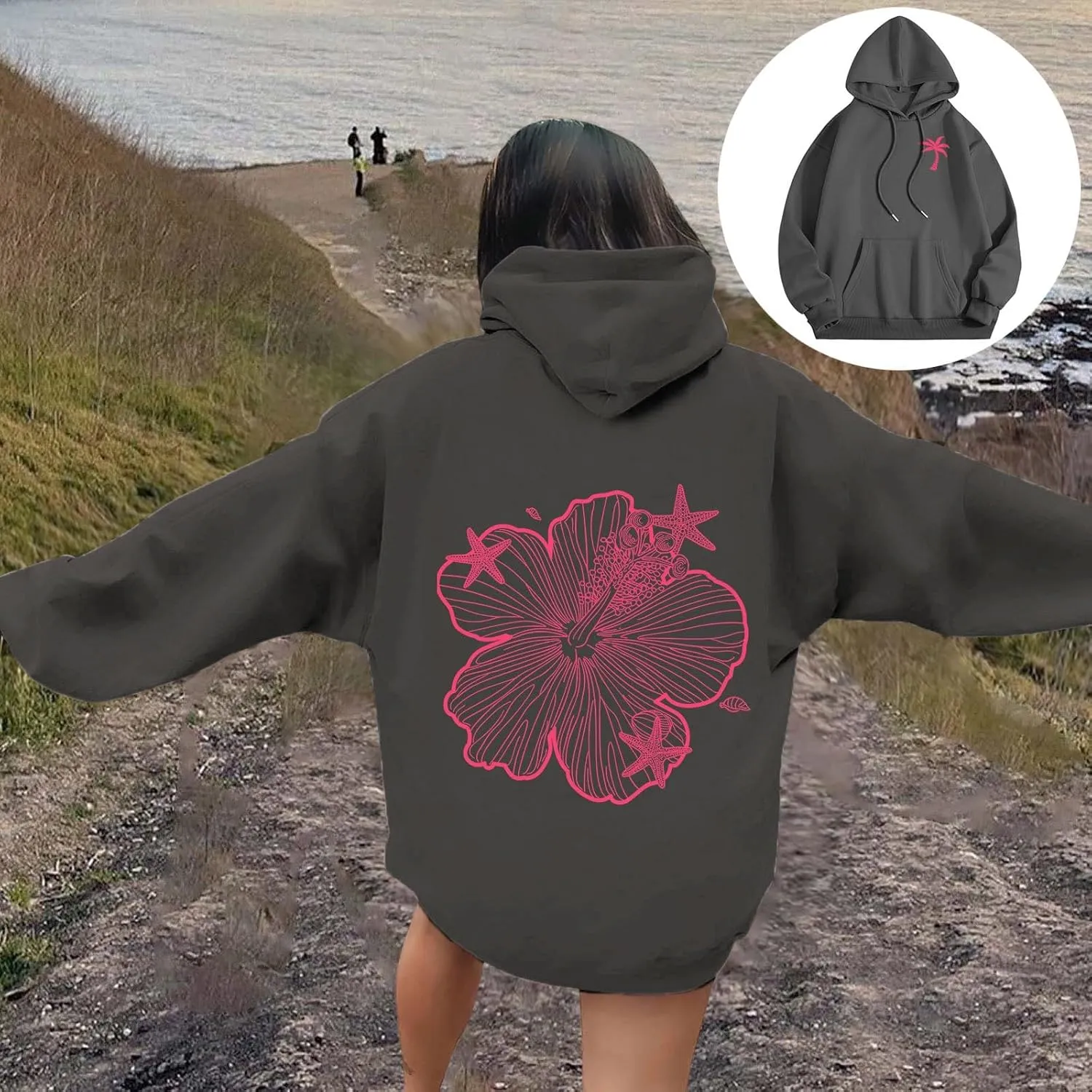 Hoodies For Women Oversized Graphic Print Floral Sweatshirt Preppy Trendy Long Sleeved Pullover Top With Pockets