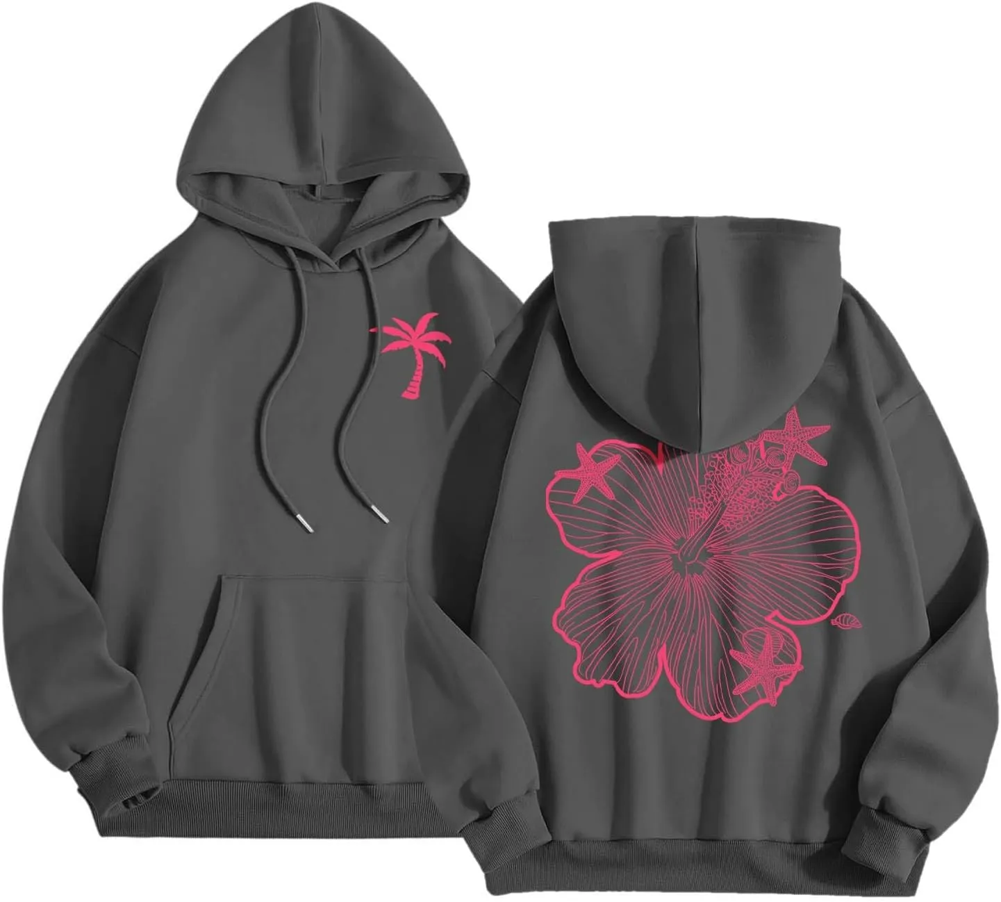 Hoodies For Women Oversized Graphic Print Floral Sweatshirt Preppy Trendy Long Sleeved Pullover Top With Pockets