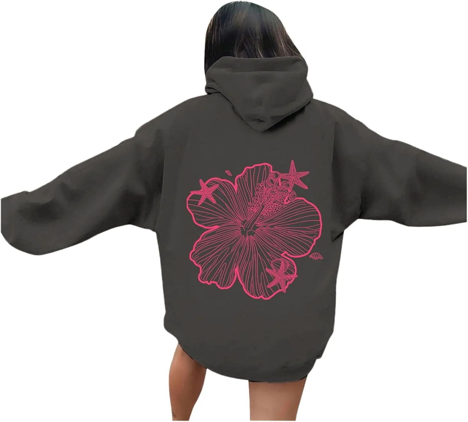 Hoodies For Women Oversized Graphic Print Floral Sweatshirt Preppy Trendy Long Sleeved Pullover Top With Pockets
