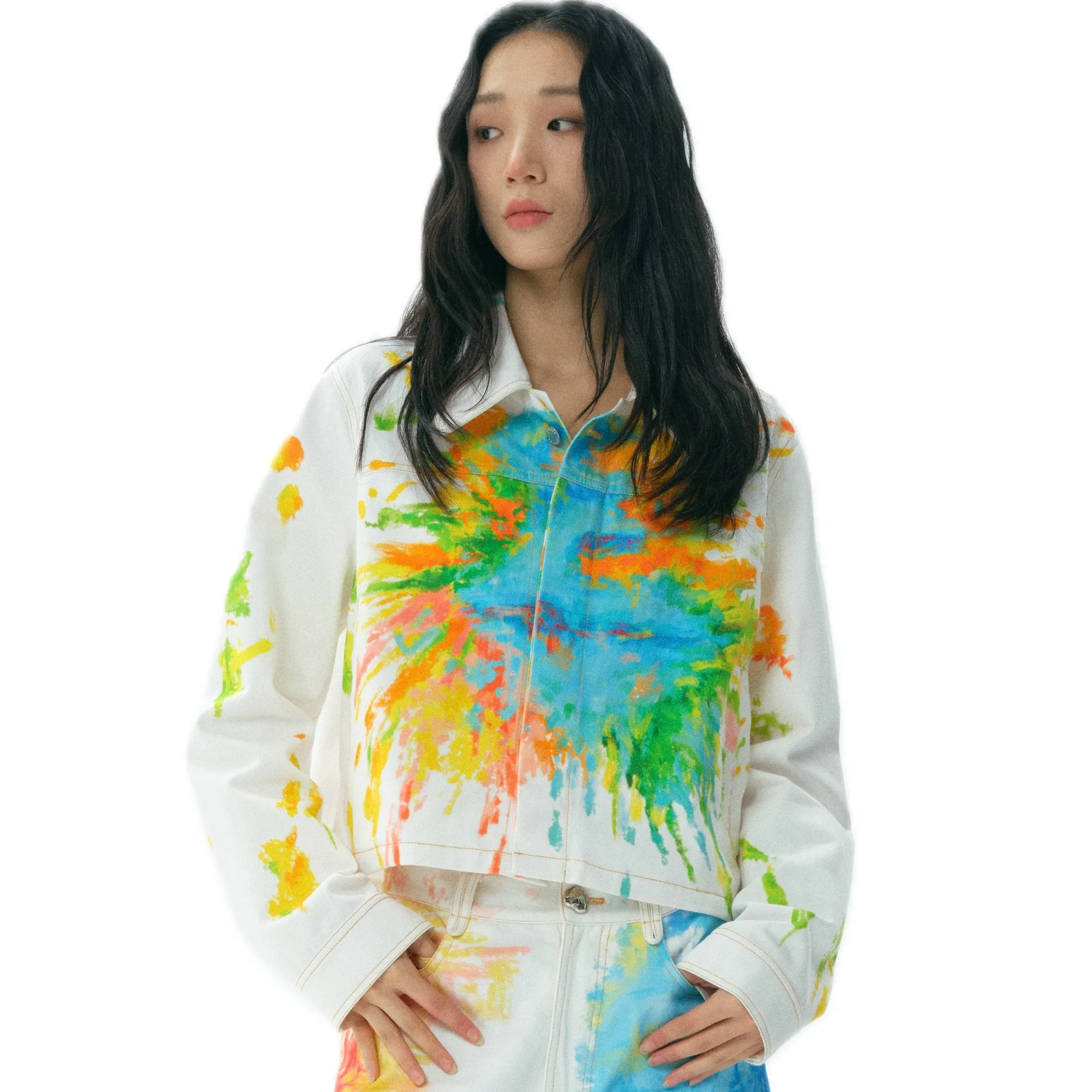Illustration Print Button Placket Long Sleeve Denim Jacket
