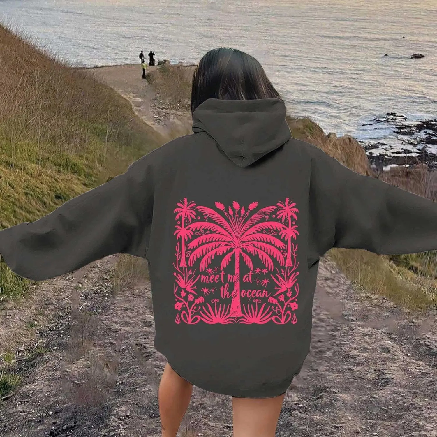 Meet Me at The Ocean Hoodies Sweatshirt for Women 2024 Oversized Y2k Hooded Shirt Trendy Beach Sweatshirs Tops