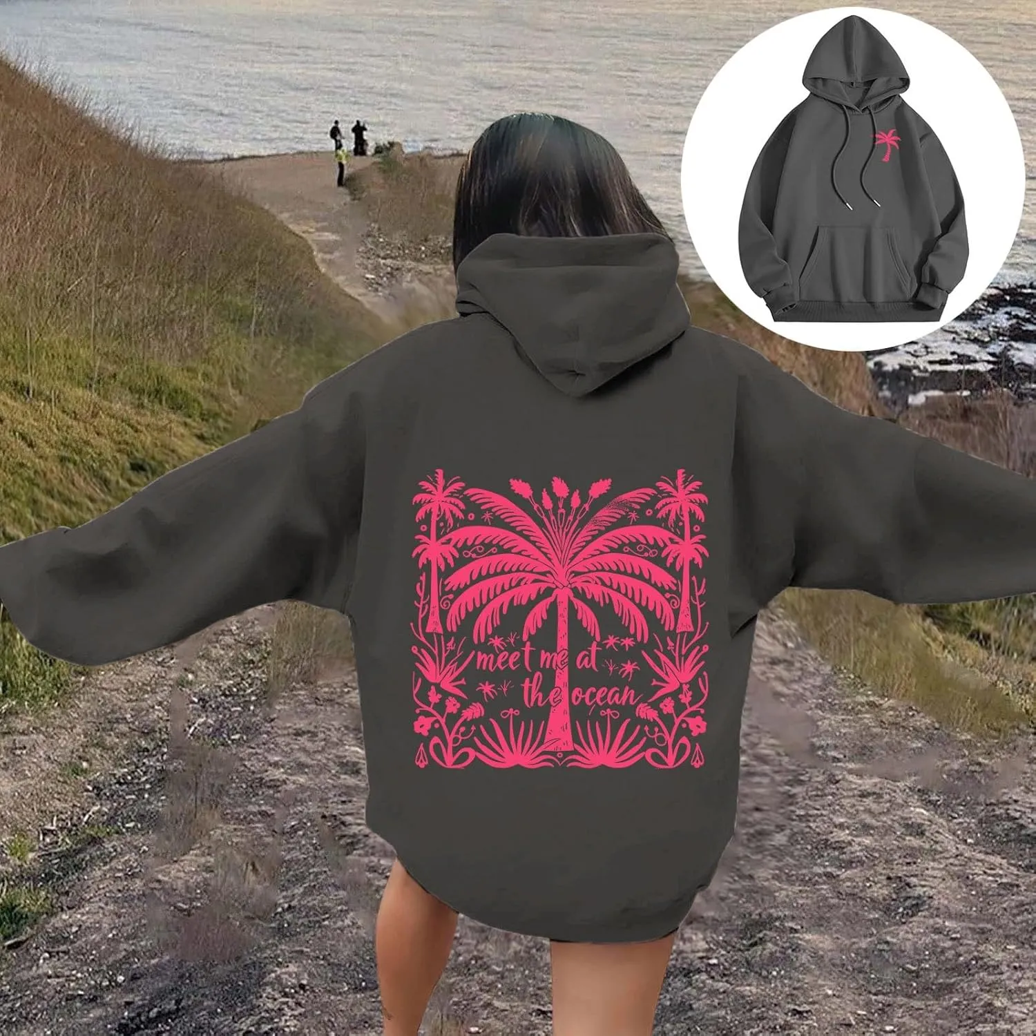 Meet Me at The Ocean Hoodies Sweatshirt for Women 2024 Oversized Y2k Hooded Shirt Trendy Beach Sweatshirs Tops