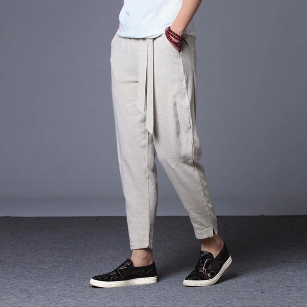 Mens Hardwearing Comfortable Trousers Linen Pants Harem Pants