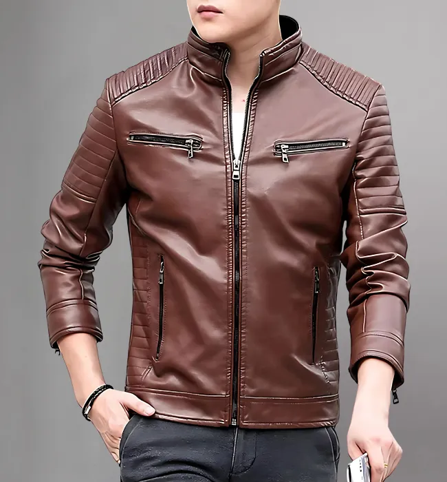 Stylish Stand Collar Mens Leather Motorcycle Jacket