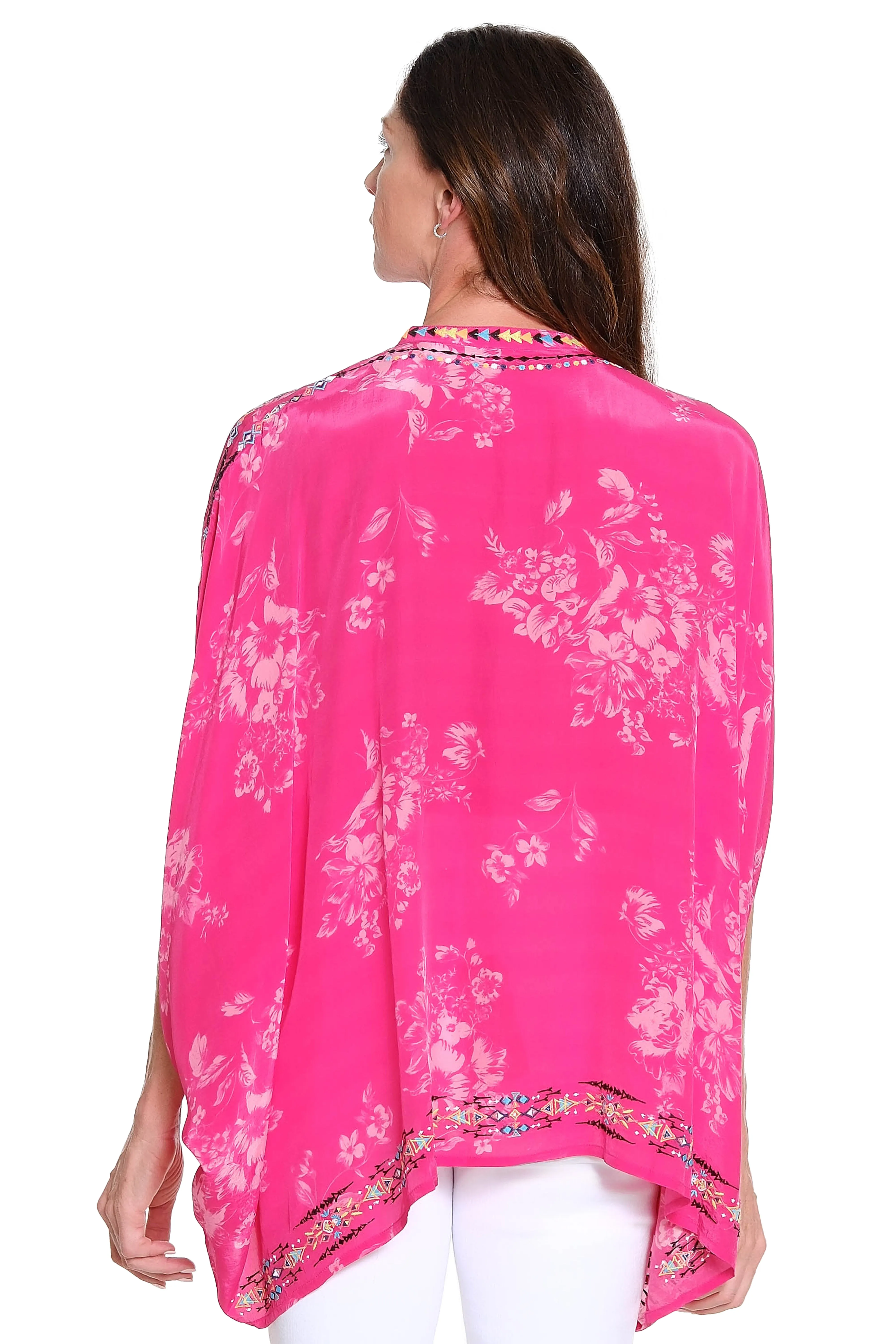 Printed Poncho with Embroidery  Bright Pink