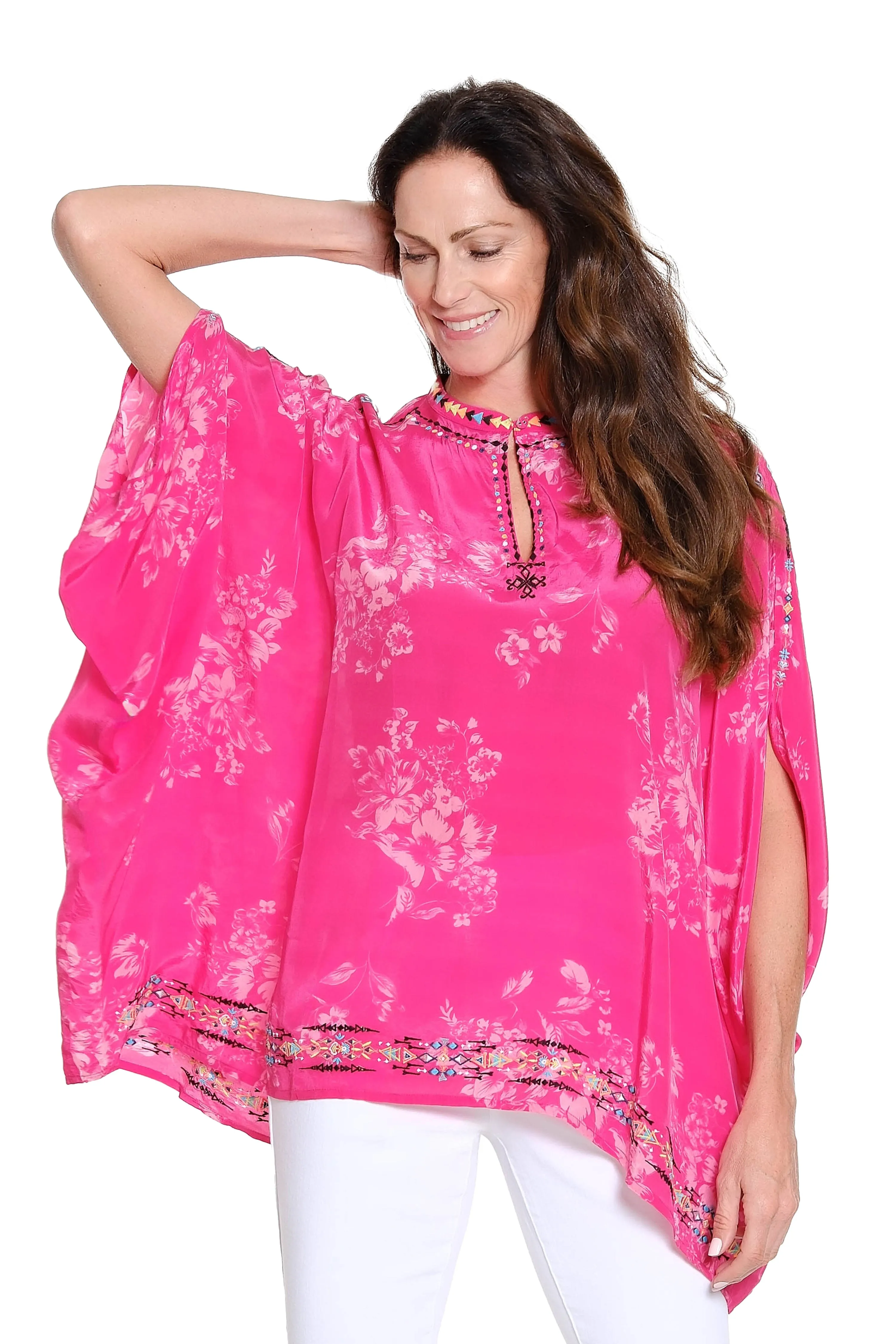 Printed Poncho with Embroidery  Bright Pink