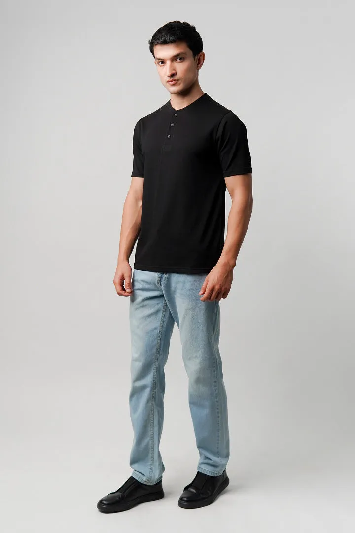 Regular Fit Henley T-Shirt - Black