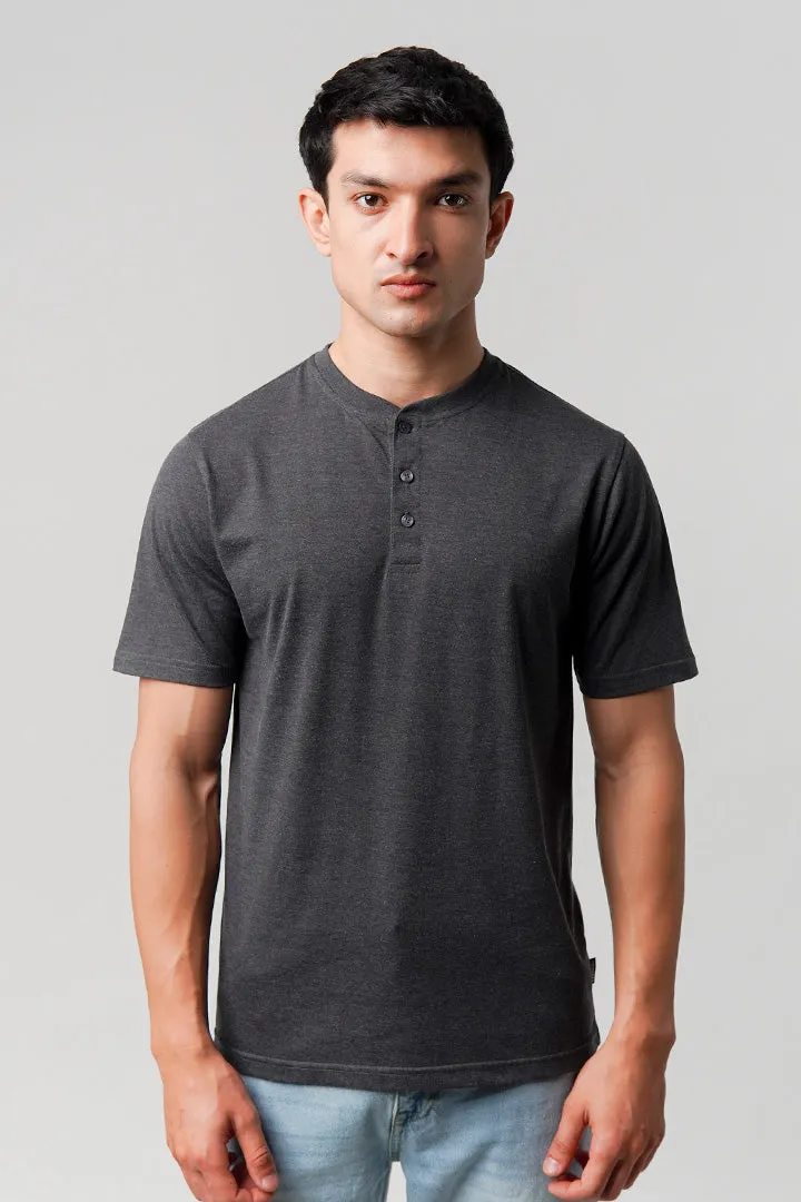 Regular Fit Henley T-Shirt - Charcoal Grey