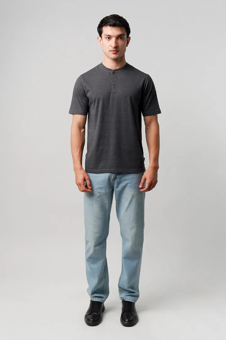 Regular Fit Henley T-Shirt - Charcoal Grey
