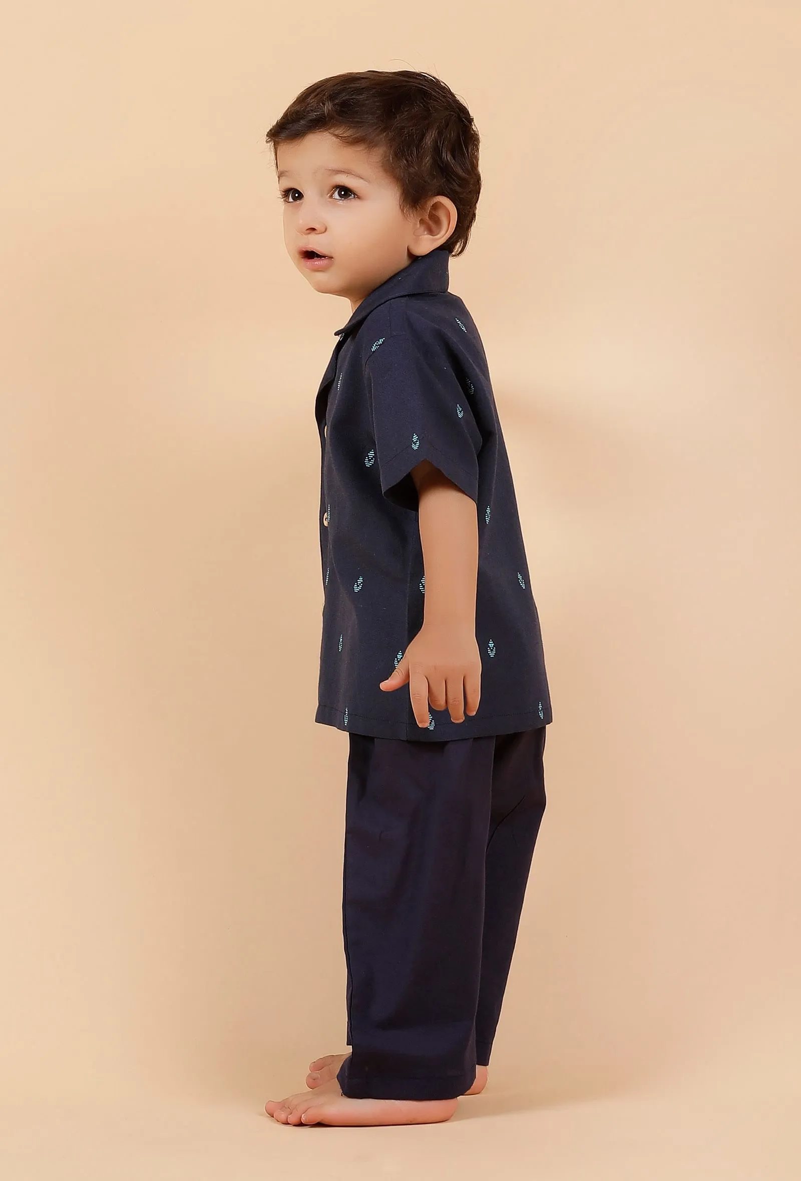 Set Of 2:Oxford Blue Cotton Shirt With Oxford Blue Woven Buti Pant