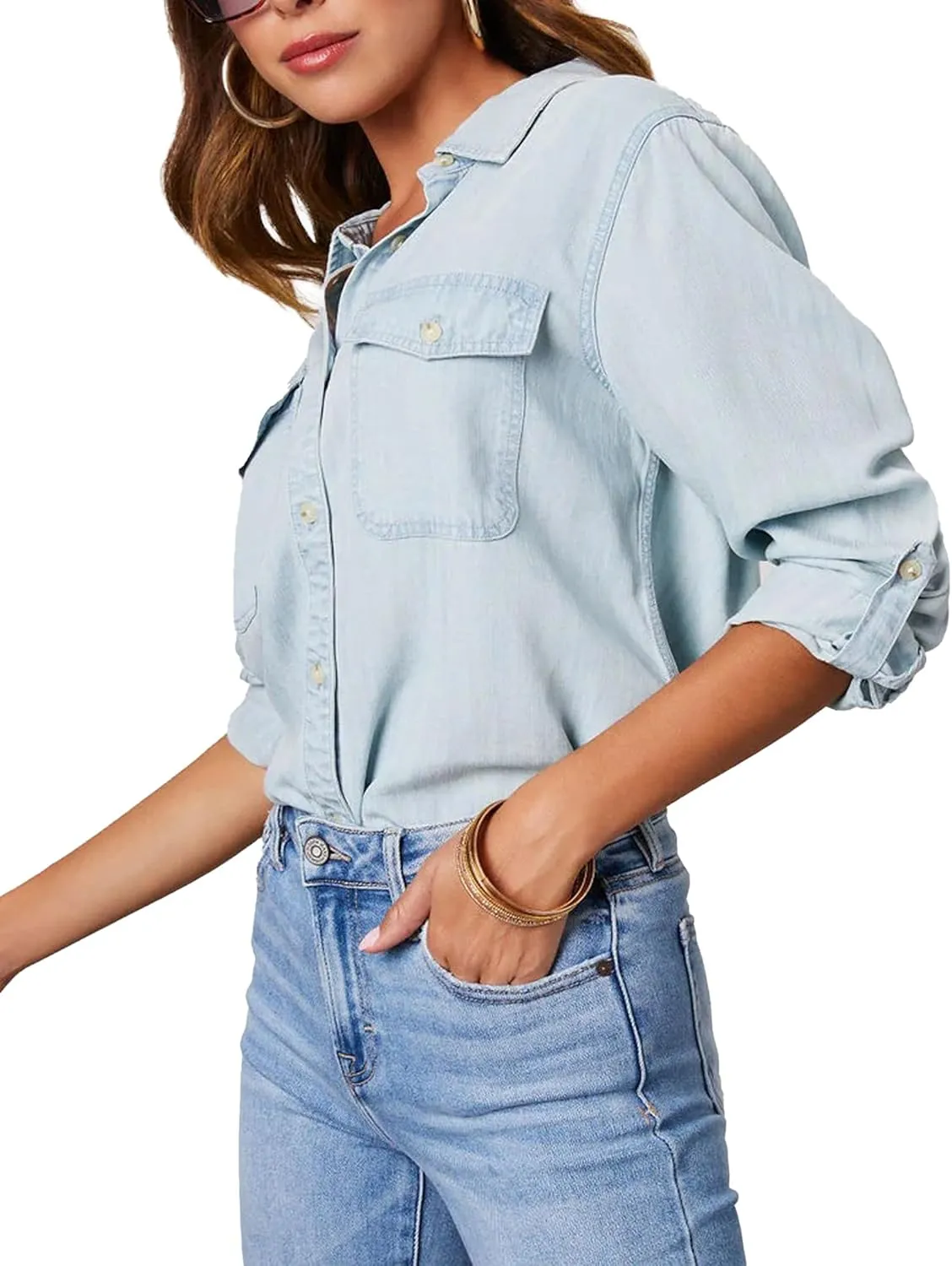 Women Button Down Chambray Denim Shirt Collared Long Sleeve Blouse Business Casual Tops with Pockets