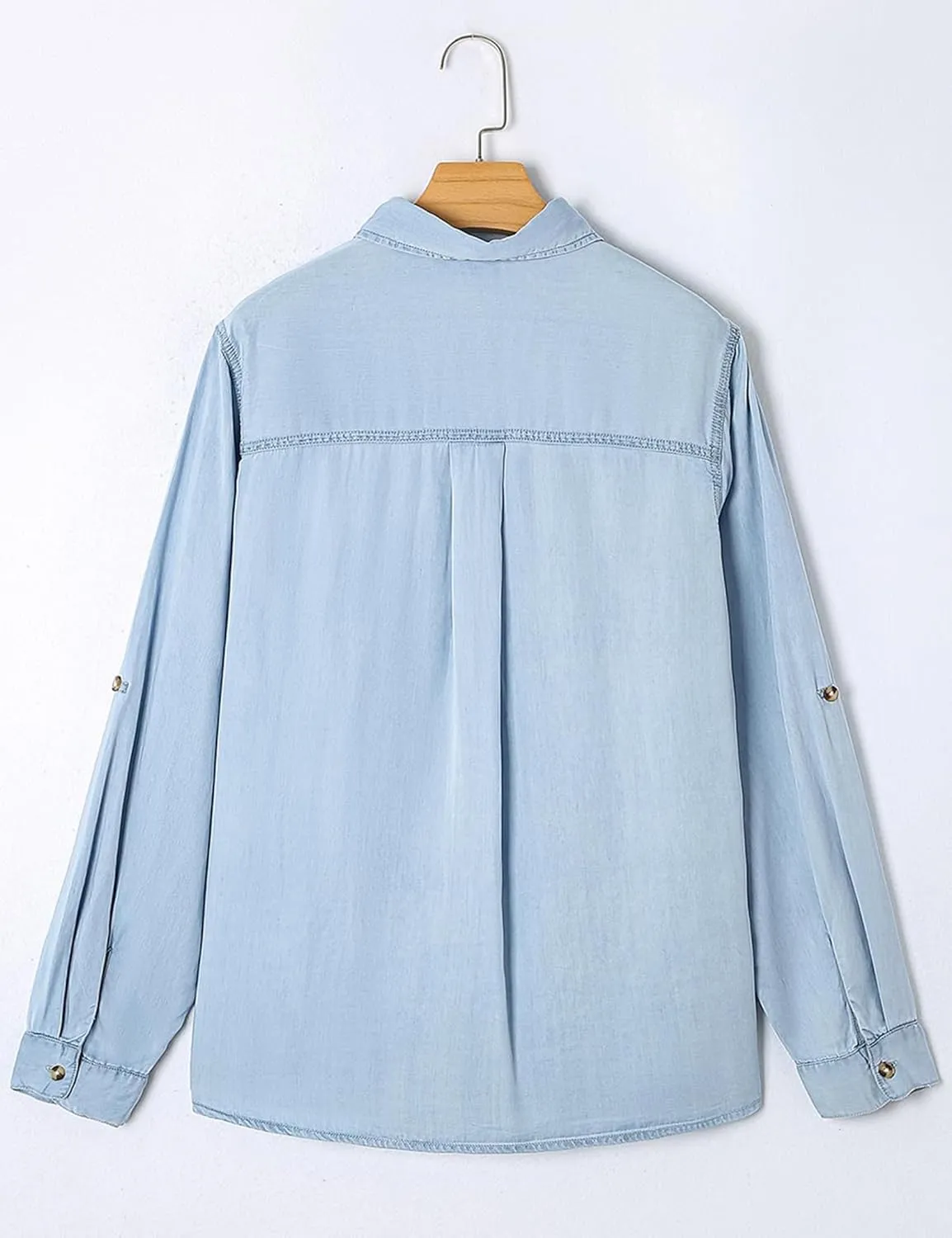 Women Button Down Chambray Denim Shirt Collared Long Sleeve Blouse Business Casual Tops with Pockets