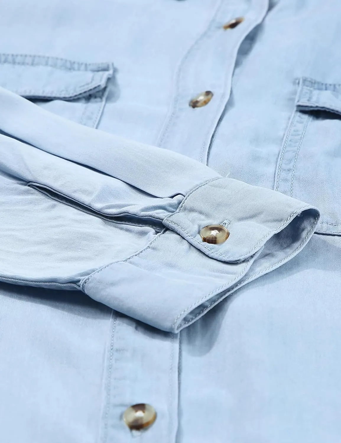 Women Button Down Chambray Denim Shirt Collared Long Sleeve Blouse Business Casual Tops with Pockets