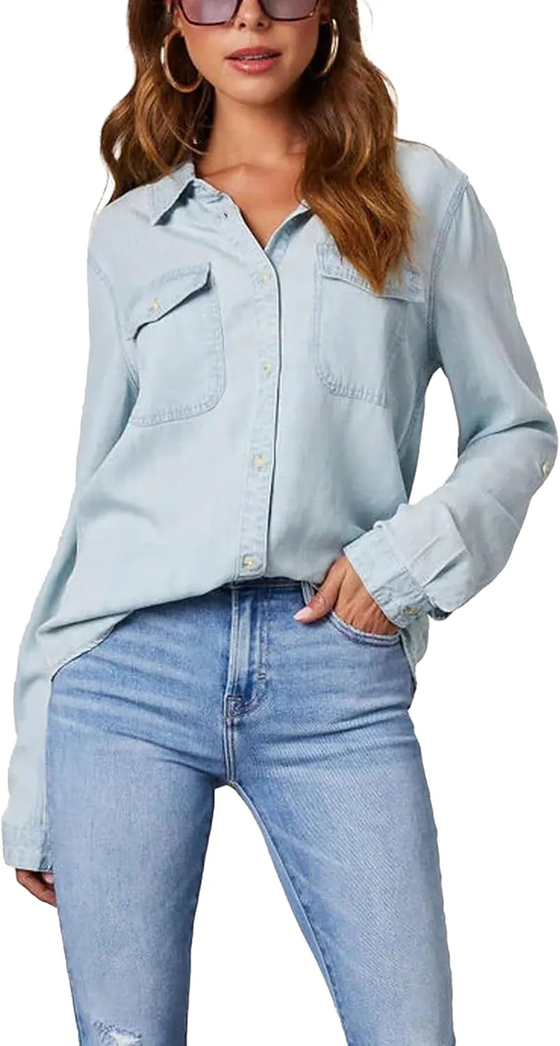 Women Button Down Chambray Denim Shirt Collared Long Sleeve Blouse Business Casual Tops with Pockets