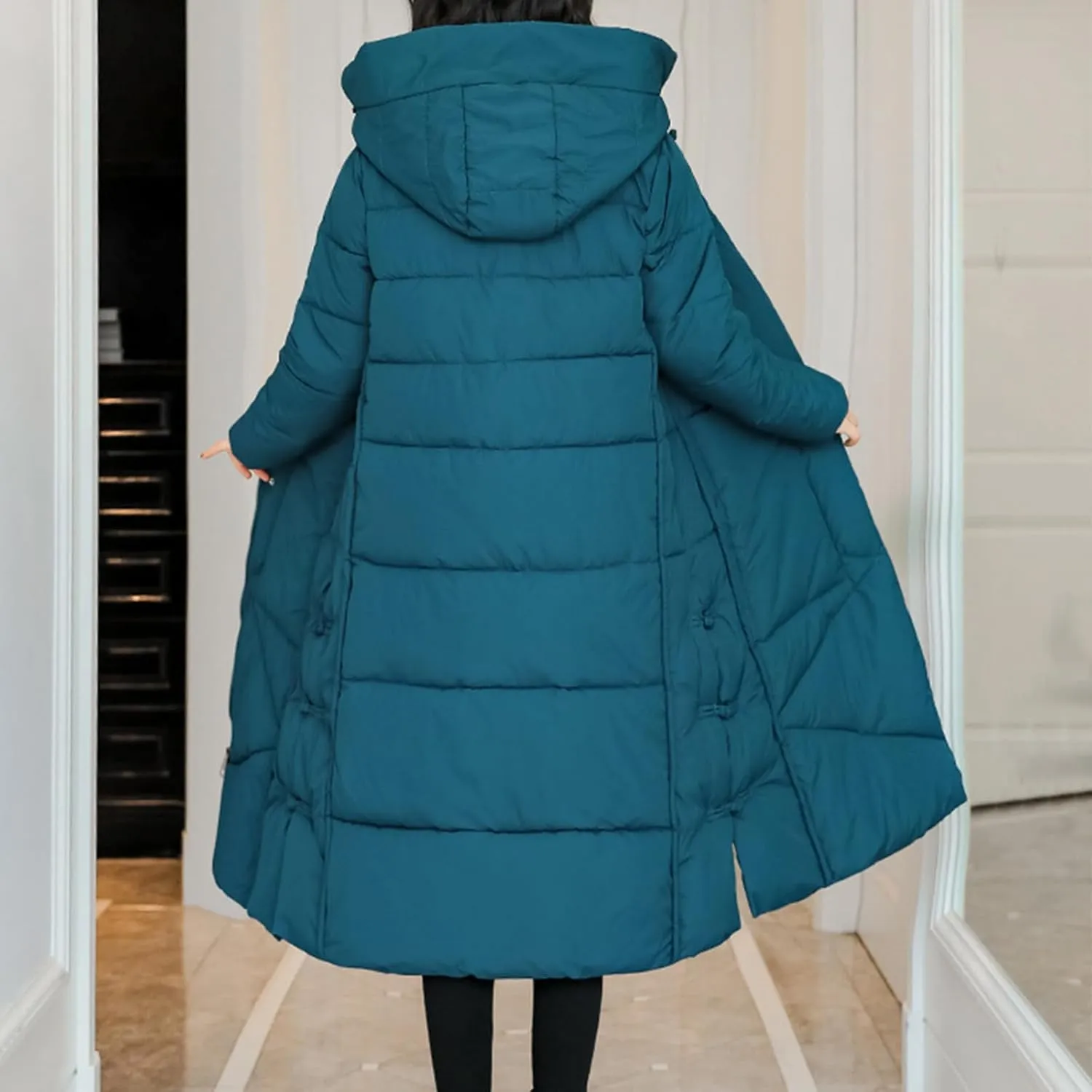 Women's Long Puffer Jacket Casual Solid Maxi Length Hooded Long Sleeve Warm Cotton Padded Coat Quilted Outwear