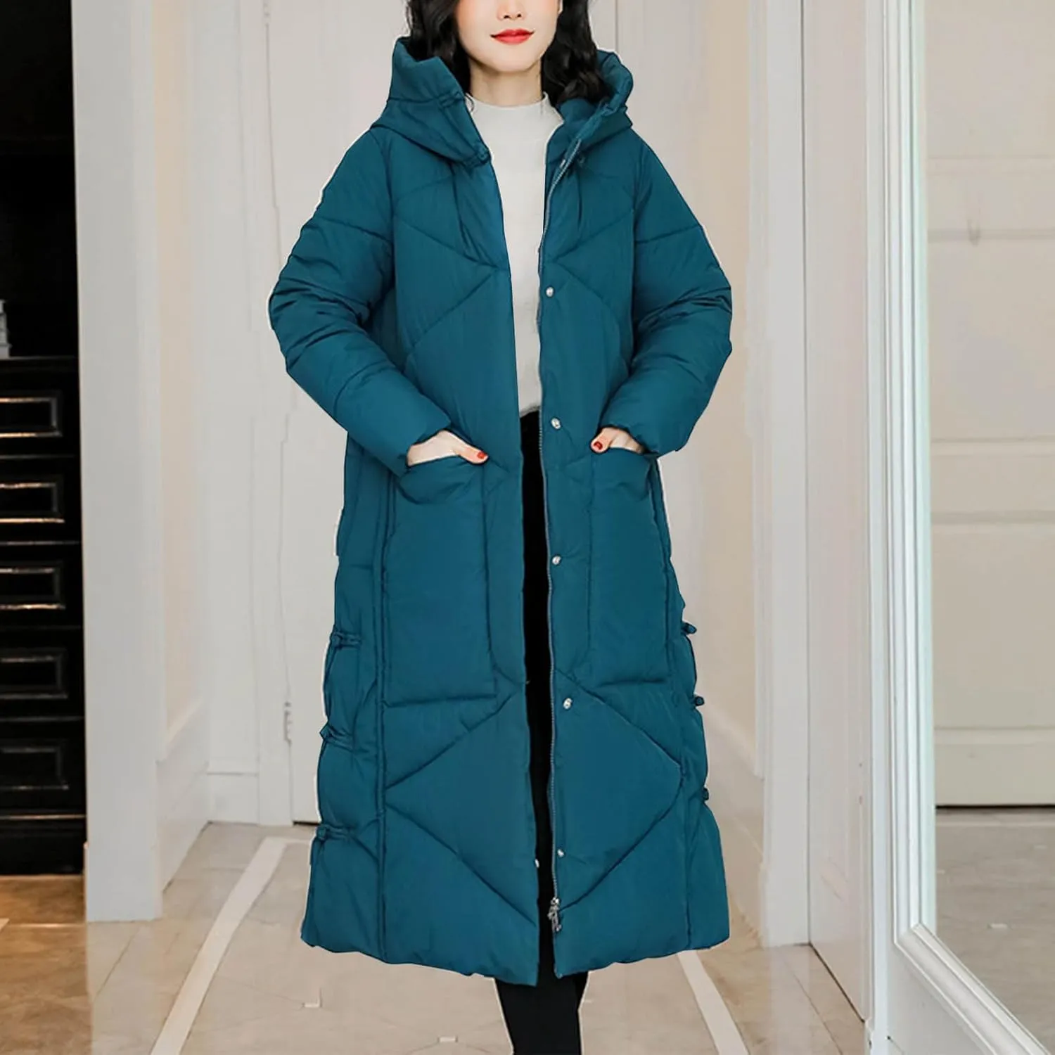 Women's Long Puffer Jacket Casual Solid Maxi Length Hooded Long Sleeve Warm Cotton Padded Coat Quilted Outwear