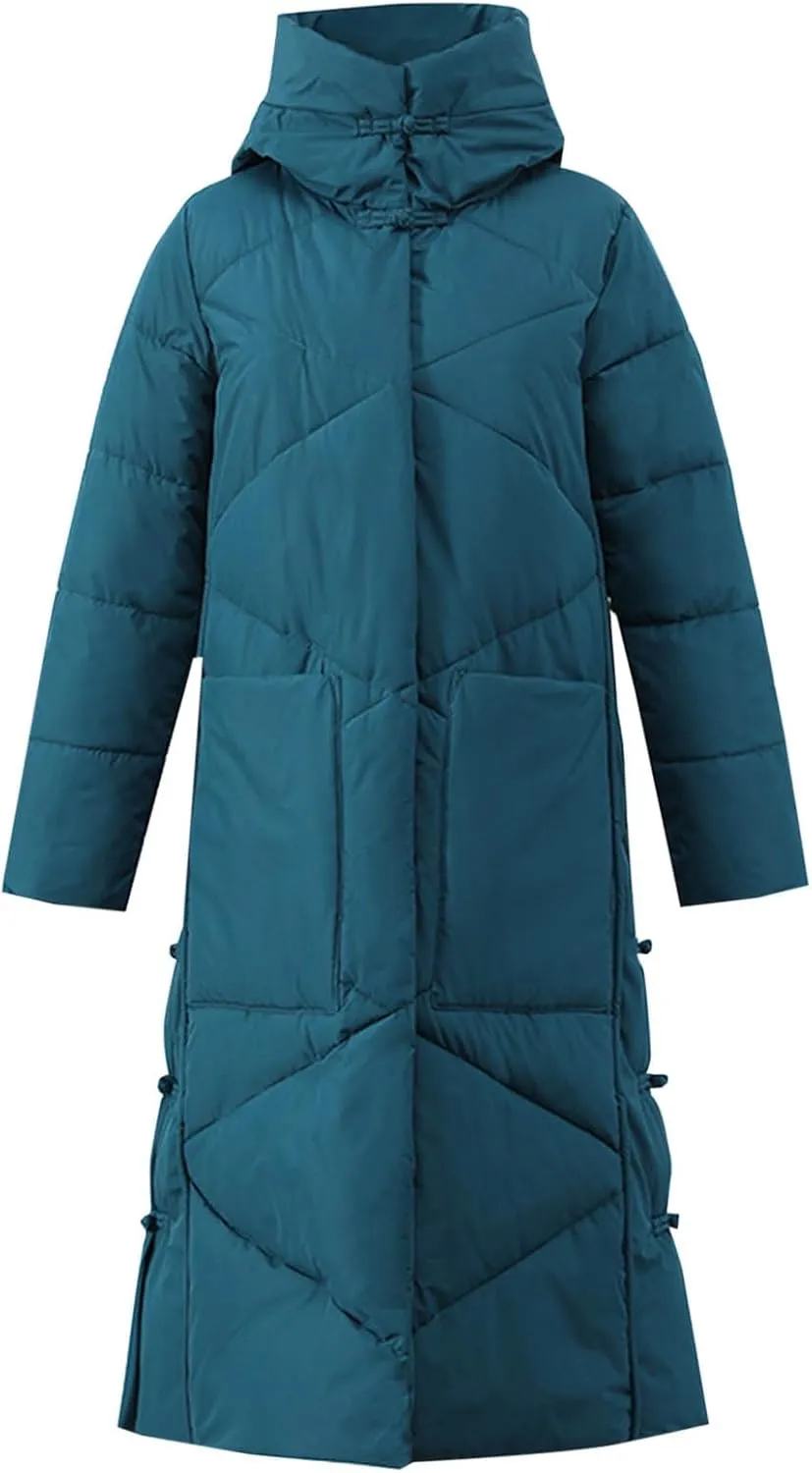 Women's Long Puffer Jacket Casual Solid Maxi Length Hooded Long Sleeve Warm Cotton Padded Coat Quilted Outwear