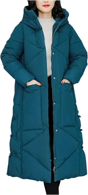 Women's Long Puffer Jacket Casual Solid Maxi Length Hooded Long Sleeve Warm Cotton Padded Coat Quilted Outwear