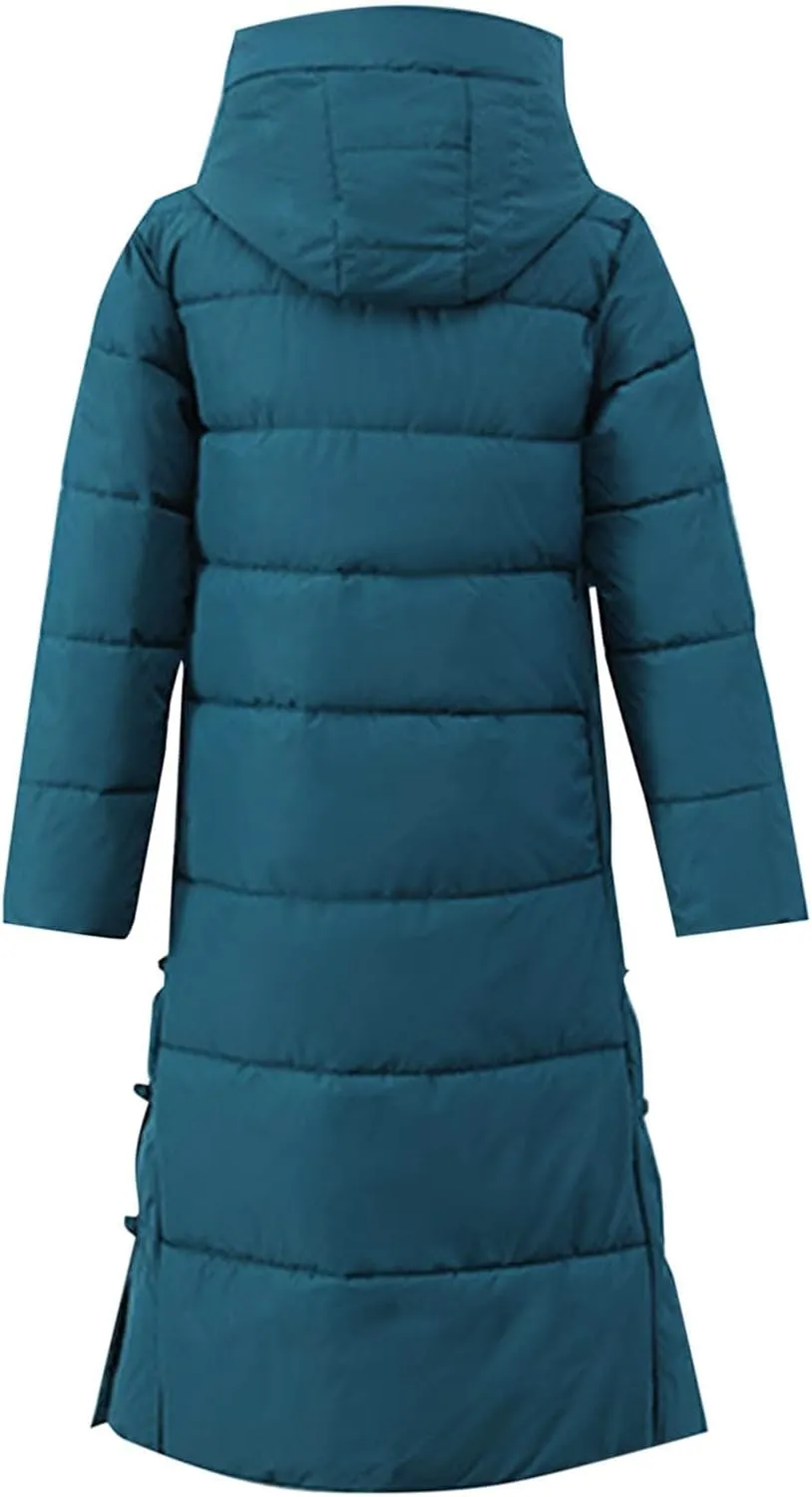 Women's Long Puffer Jacket Casual Solid Maxi Length Hooded Long Sleeve Warm Cotton Padded Coat Quilted Outwear